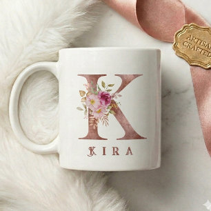 Personalised Rose Gold Floral Letter K Monogram Coffee Mug