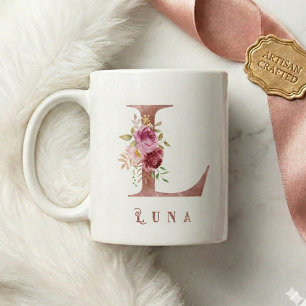 Personalised Rose Gold Floral Letter L Monogram Coffee Mug