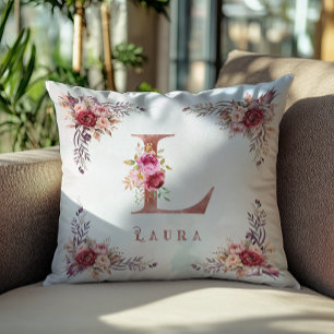 Personalised Rose Gold Floral Letter L Monogram Cushion