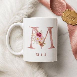 Personalised Rose Gold Floral Letter M Monogram Coffee Mug