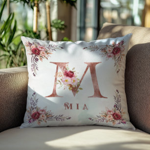 Personalised Rose Gold Floral Letter M Monogram Cushion