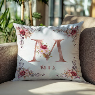Personalised Rose Gold Floral Letter M Monogram  Cushion
