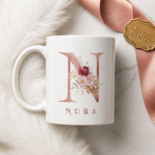 Personalised Rose Gold Floral Letter N Monogram Coffee Mug