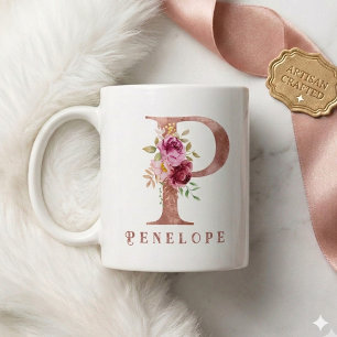 Personalised Rose Gold Floral Letter P Monogram Coffee Mug