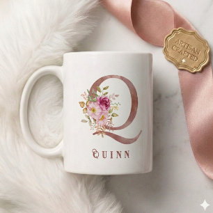 Personalised Rose Gold Floral Letter Q Monogram  Coffee Mug