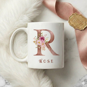 Personalised Rose Gold Floral Letter R Monogram Coffee Mug