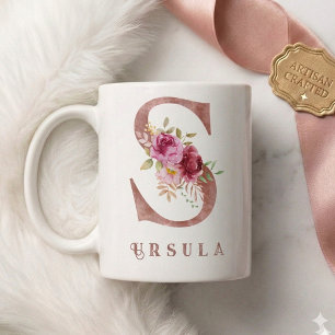 Personalised Rose Gold Floral Letter S Monogram  Coffee Mug