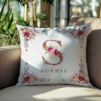 Personalised Rose Gold Floral Letter S Monogram  Cushion