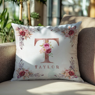 Personalised Rose Gold Floral Letter T Monogram Cushion