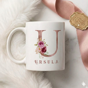 Personalised Rose Gold Floral Letter U Monogram  Coffee Mug