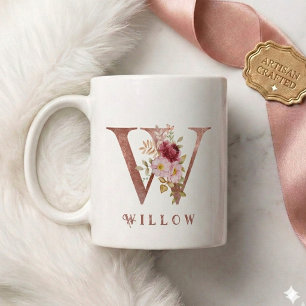 Personalised Rose Gold Floral Letter W Monogram Coffee Mug