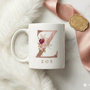 Personalised Rose Gold Floral Letter Z Monogram Coffee Mug