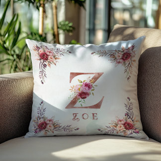 Personalised Rose Gold Floral Letter Z Monogram  Cushion