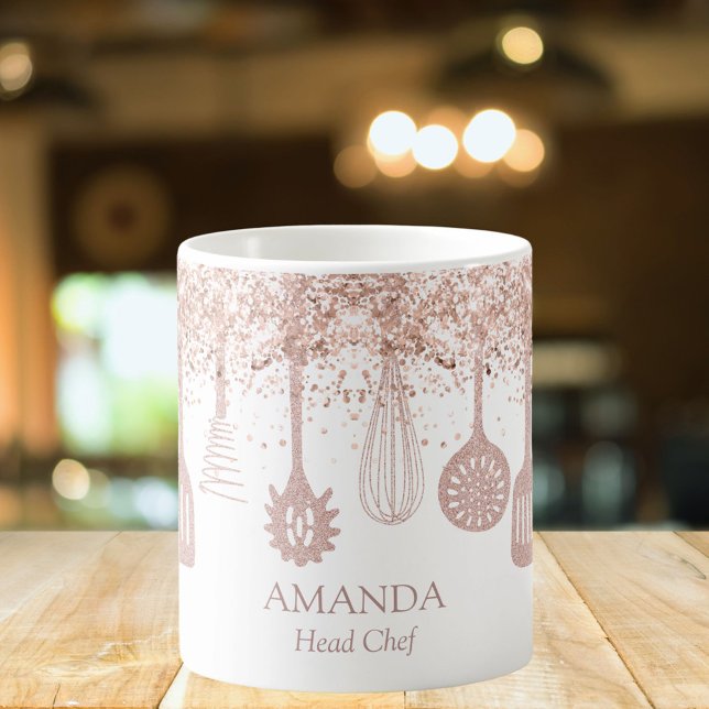 Personalised Rose Gold Glitter Cooking Tools Coffee Mug (In  situ)