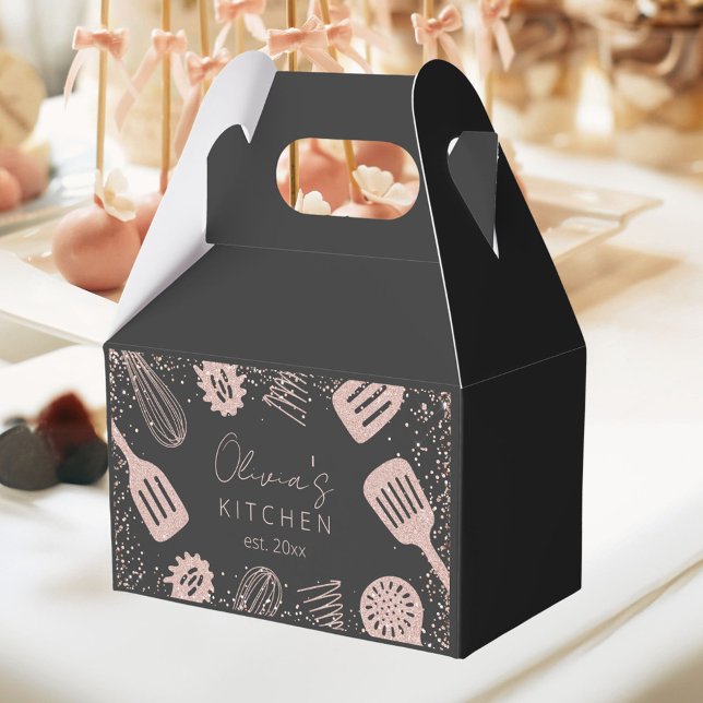 Personalised Rose Gold Glitter Cooking Tools Favour Box (In situ)