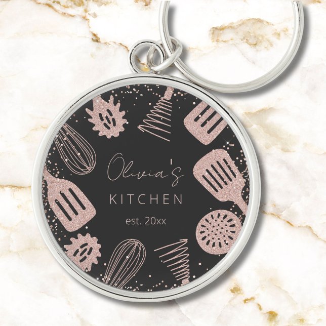 Personalised Rose Gold Glitter Cooking Tools Key Ring (Close up)