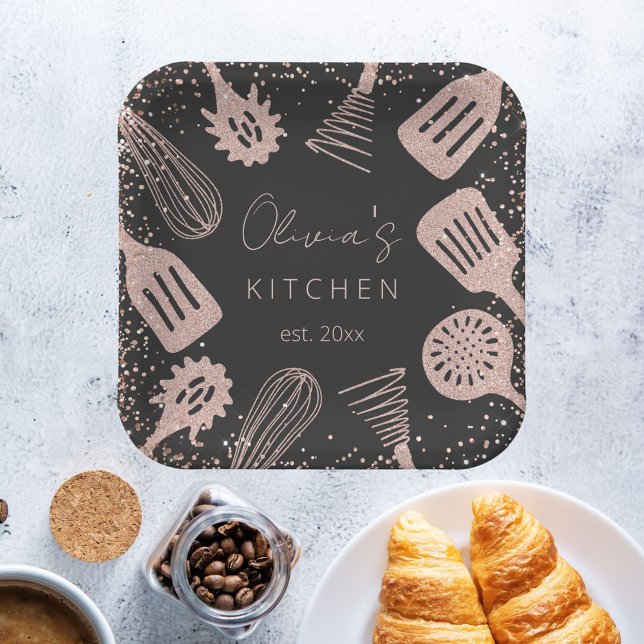 Personalised Rose Gold Glitter Cooking Tools Paper Plate (In situ)