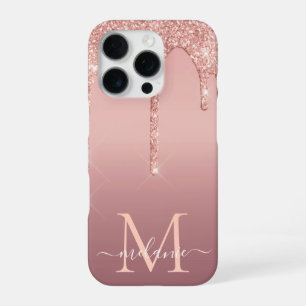 Personalised Rose Gold Glitter Custom Name Letter iPhone 16 Pro Case