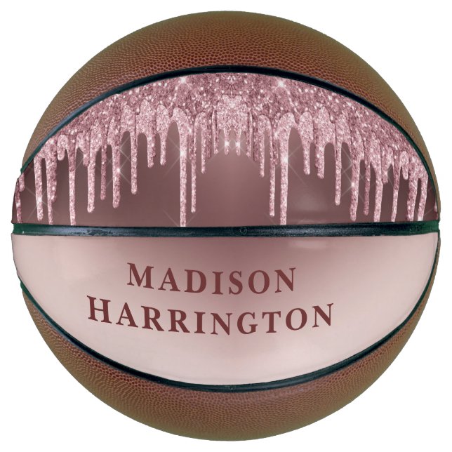 Personalised Rose Gold Glitter Drips Girl's Basketball (Front)