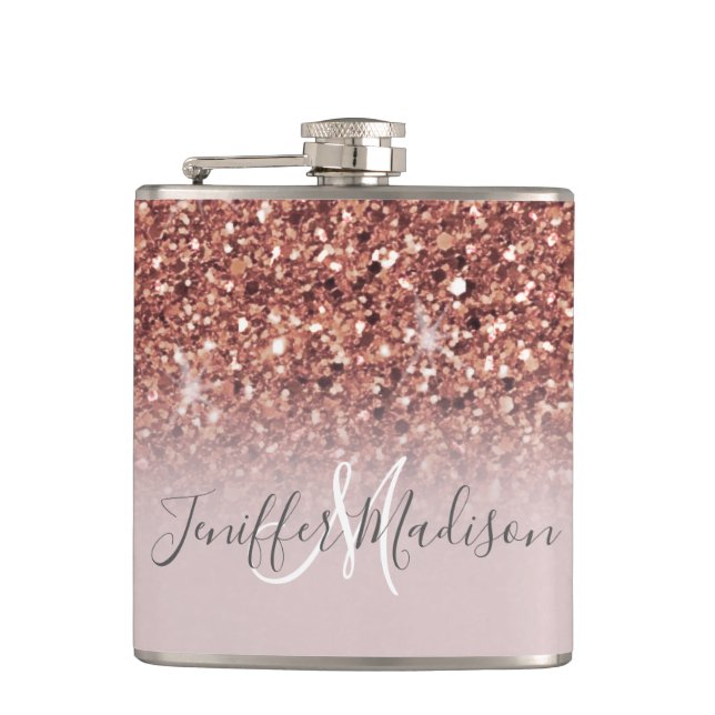 Personalised Rose Gold Glitter Drips Girly Luxury  Hip Flask (Front)