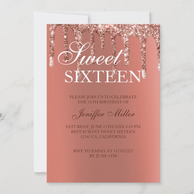 Personalised Rose Gold Glitter Drips Girly Luxury  Invitation (Front)