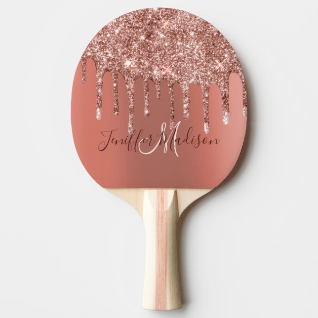 Personalised Rose Gold Glitter Drips Girly Luxury  Ping Pong Paddle (Front)