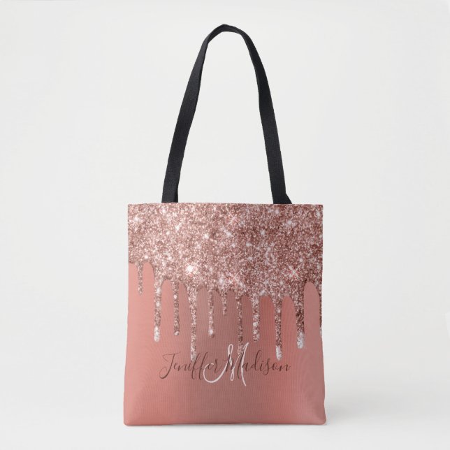 Personalised Rose Gold Glitter Drips Girly Luxury  Tote Bag (Front)