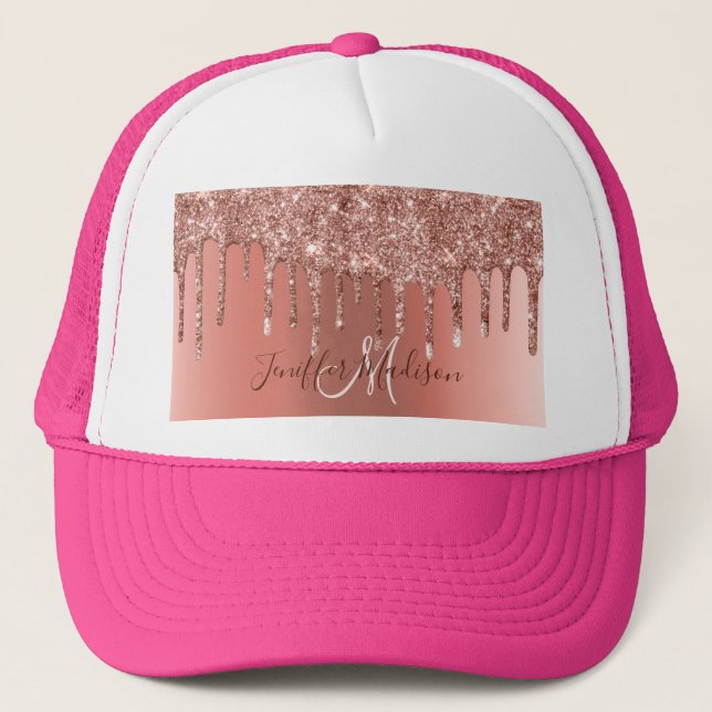 Personalised Rose Gold Glitter Drips Girly Luxury  Trucker Hat (Front)