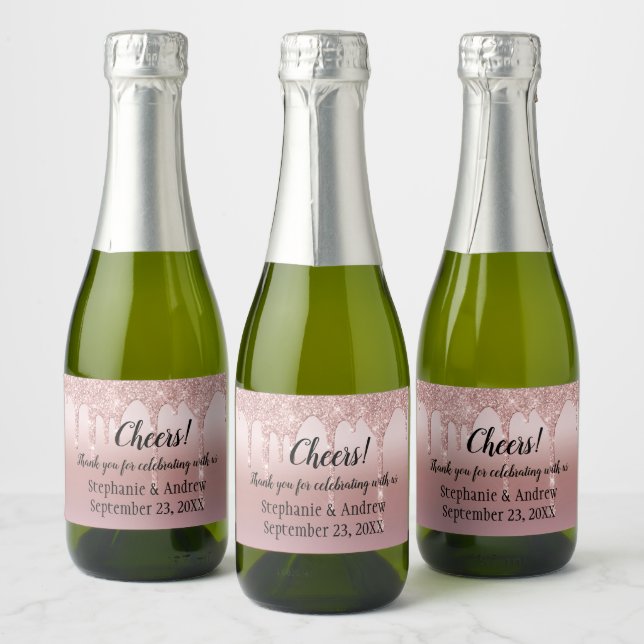 Personalised Rose Gold Glitter Drips Mini Sparkling Wine Label (Bottles)