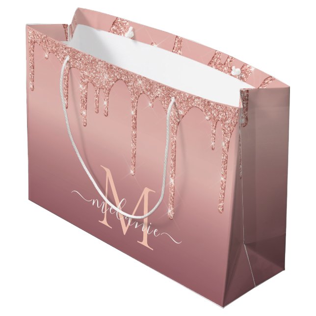 Personalised Rose Gold Glitter Gift Bag for Her (Back Angled)