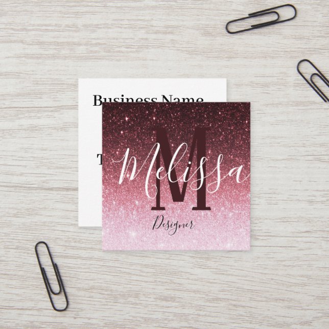 Personalised rose gold glitter gradient square business card (Front/Back In Situ)