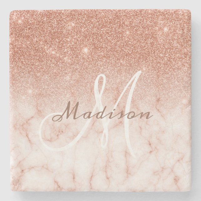 Personalised Rose Gold Glitter Monogram Marble Stone Coaster (Front)