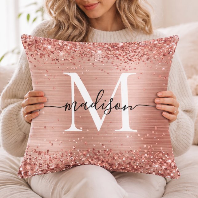 Personalised Rose Gold Glitter Monogram Throw Pill Cushion (Creator Uploaded)