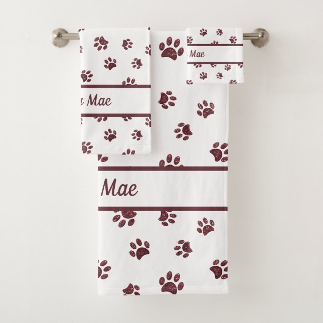 Personalised Rose Gold Glitter Paw Prints Bath Towel Set (Insitu)