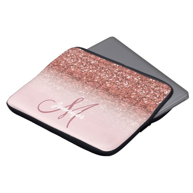 Personalised Rose Gold Glitter Sparkles Monogram Laptop Sleeve (Front Top)