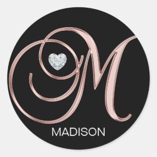 Personalised Rose Gold Heart Monogrammed Letter M Classic Round Sticker