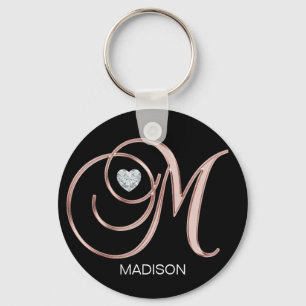 Personalised Rose Gold Heart Monogrammed Letter M  Key Ring