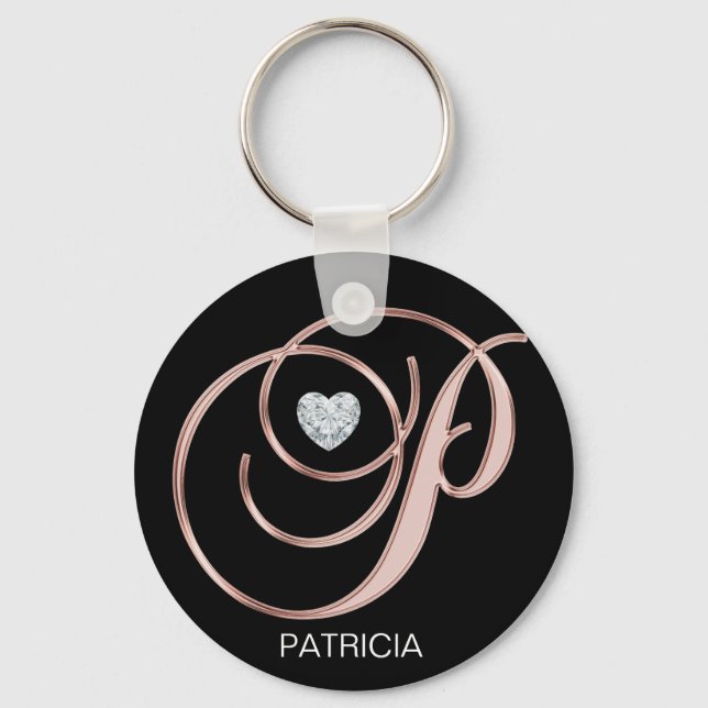 Personalised Rose Gold Heart Monogrammed Letter P Key Ring (Front)