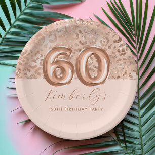 Personalised Rose Gold Leopard Print 60th Birthday Paper Plate