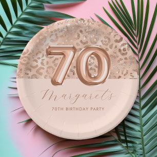 Personalised Rose Gold Leopard Print 70th Birthday Paper Plate