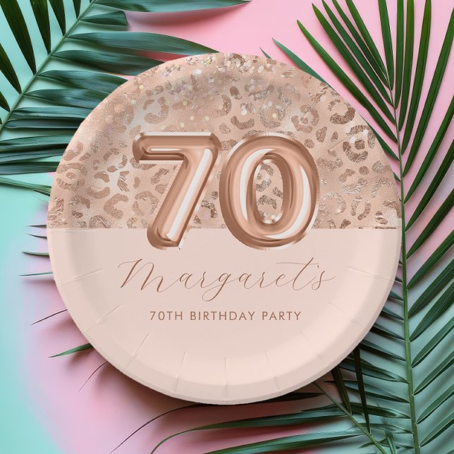 Personalised Rose Gold Leopard Print 70th Birthday Paper Plate (Creator Uploaded)
