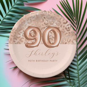 Personalised Rose Gold Leopard Print 90th Birthday Paper Plate