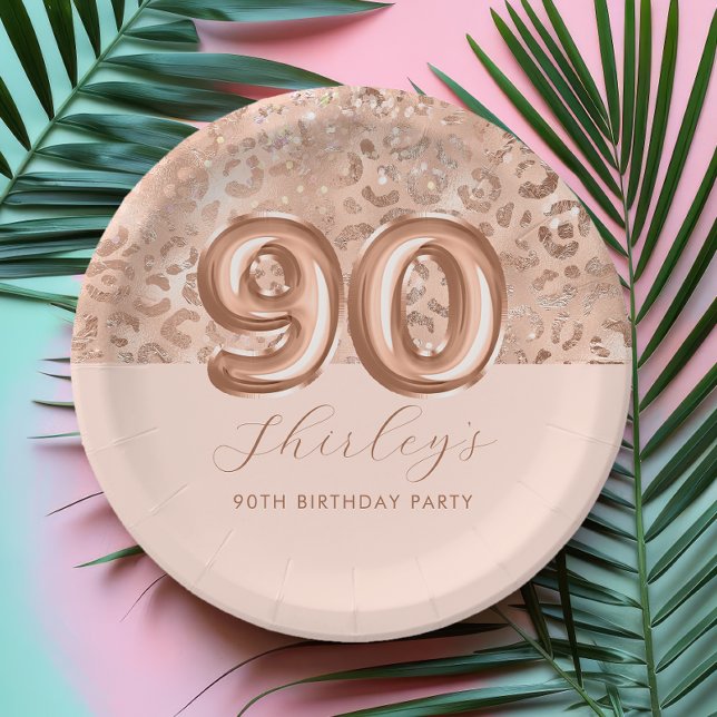 Personalised Rose Gold Leopard Print 90th Birthday Paper Plate (Creator Uploaded)