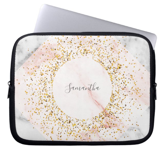 Personalised Rose Gold Marble Glitter Laptop Case (Front)