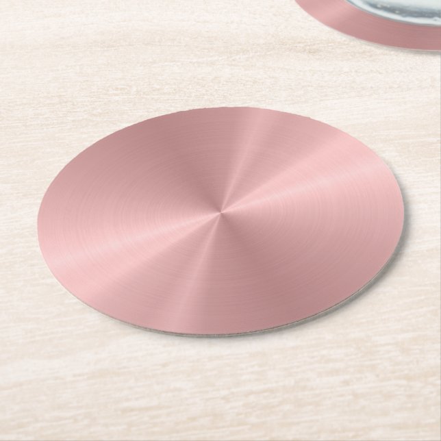 Personalised Rose Gold Metallic Radial Texture Round Paper Coaster (Angled)