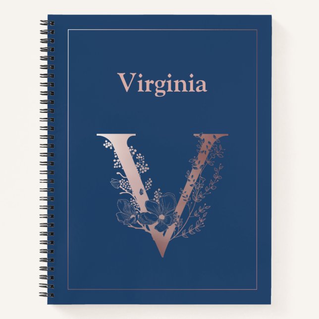 Personalised Rose Gold Monogram Initial V Notebook (Front)
