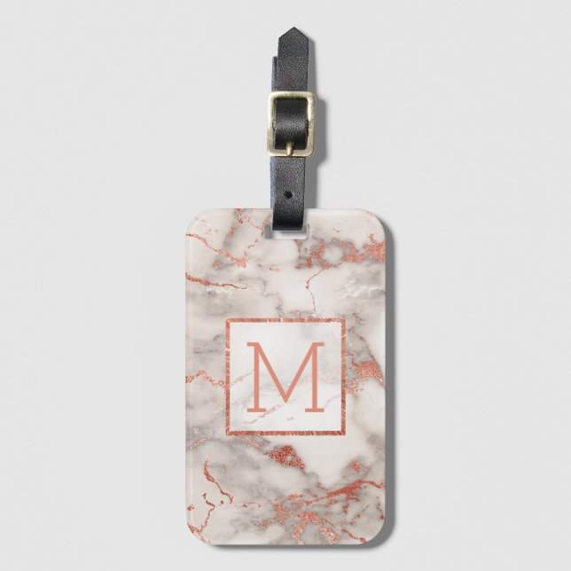 personalised rose gold monogram marble luggage tag (Front Vertical)