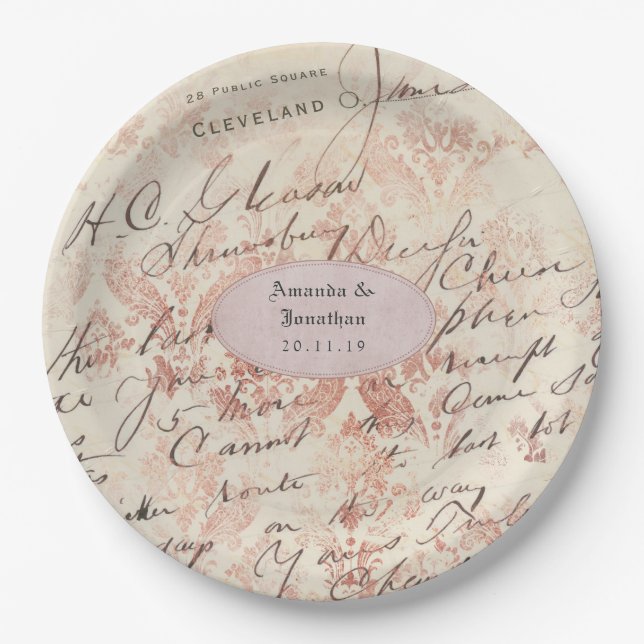 Personalised Rose Gold Shabby-Chic Wedding Paper Plate (Front)