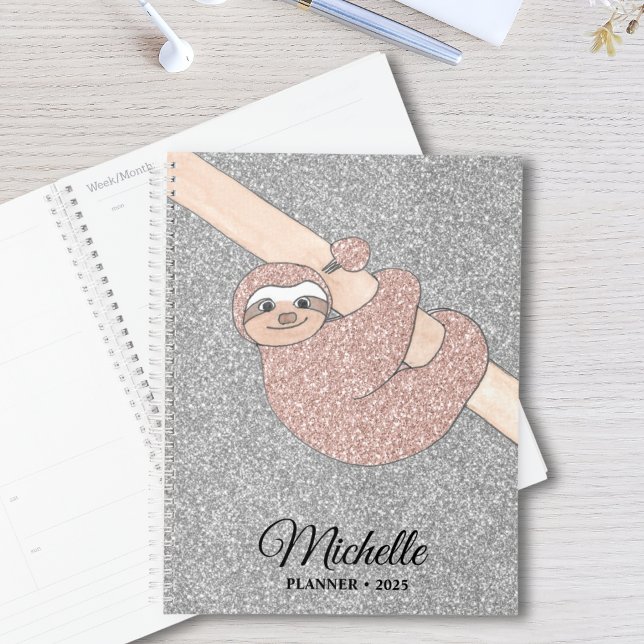 Personalised Rose Gold Silver Glitter Sloth  Planner (Creator Uploaded)