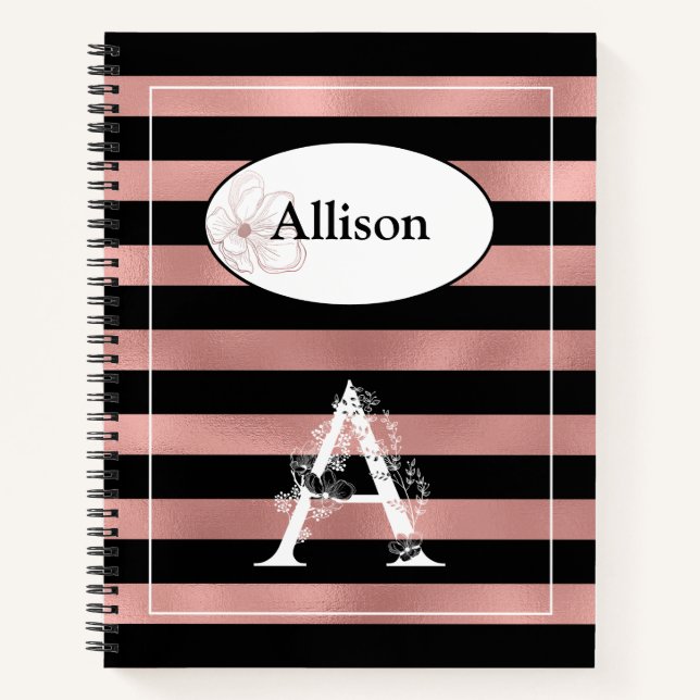 Personalised Rose Gold Stripes with Initial A Notebook (Front)